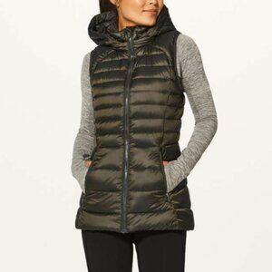 Women Lululemon Down For It Vest Removable Hood in Dark Olive Size 6